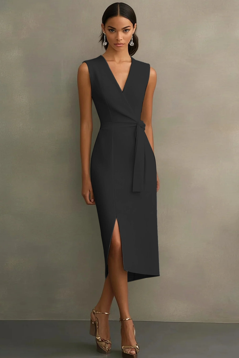 Weißes V-Ausschnitt Satin Standesamtkleid mit Gürtel