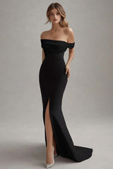 Schulterfreies Schwarzes Krawattenkleid aus mattem Satin