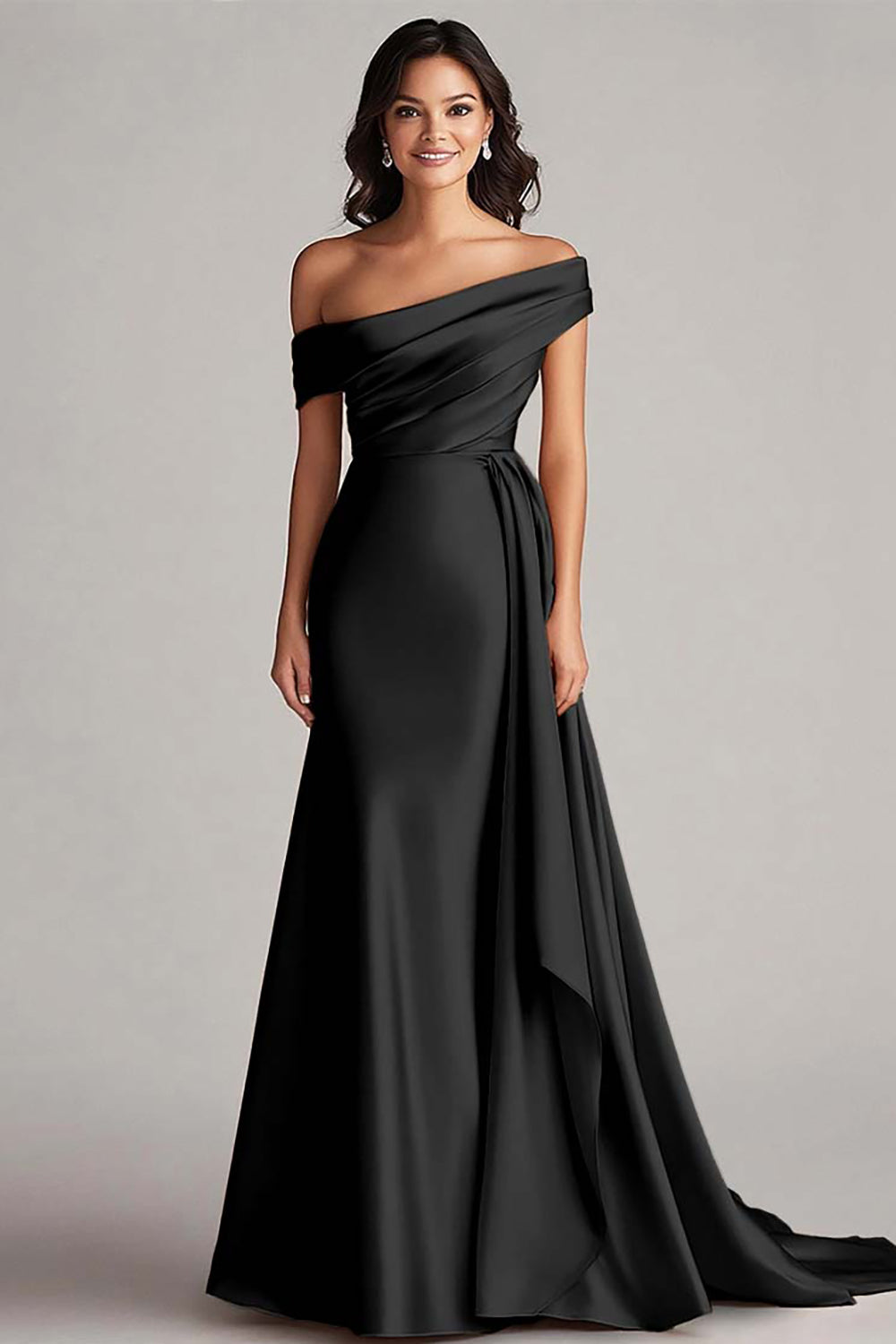 Langes Champagner Abendkleid mit einer Schulter und Falten