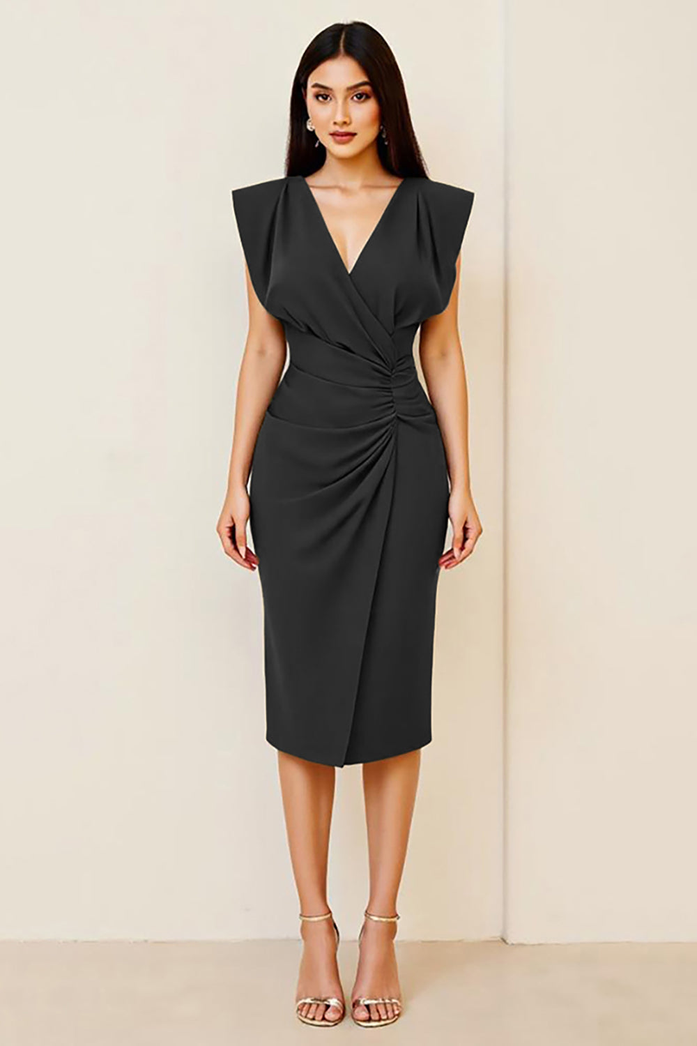 Olive Figurbetontes Midi Partykleid mit Rüschen und V-Ausschnitt