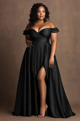 Große Größen Marineblaues Schulterfreies Satin Ballkleid mit Schlitz
