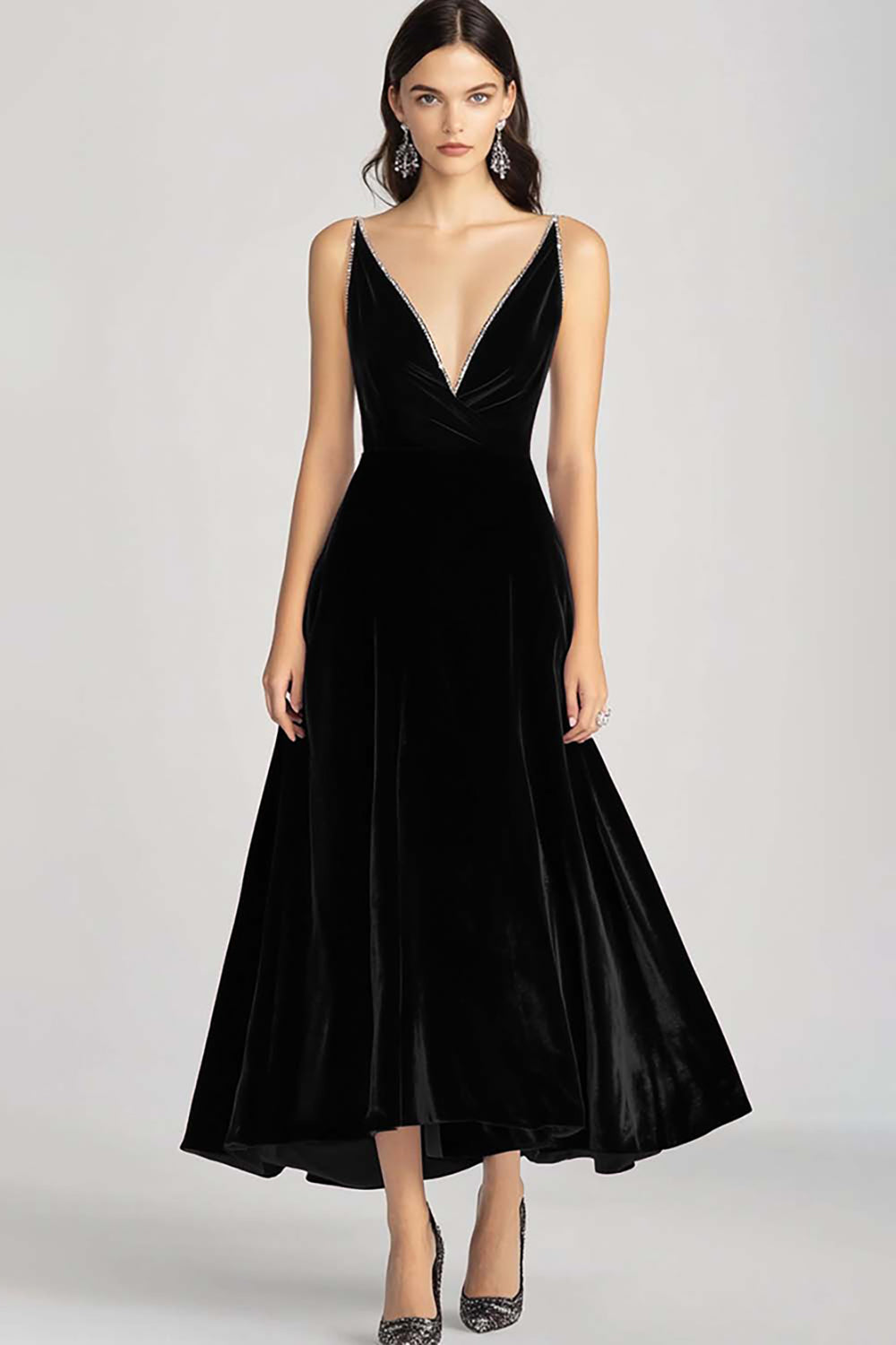 Burgunderrotes Spaghettiträger V-Ausschnitt Samt Ballkleid