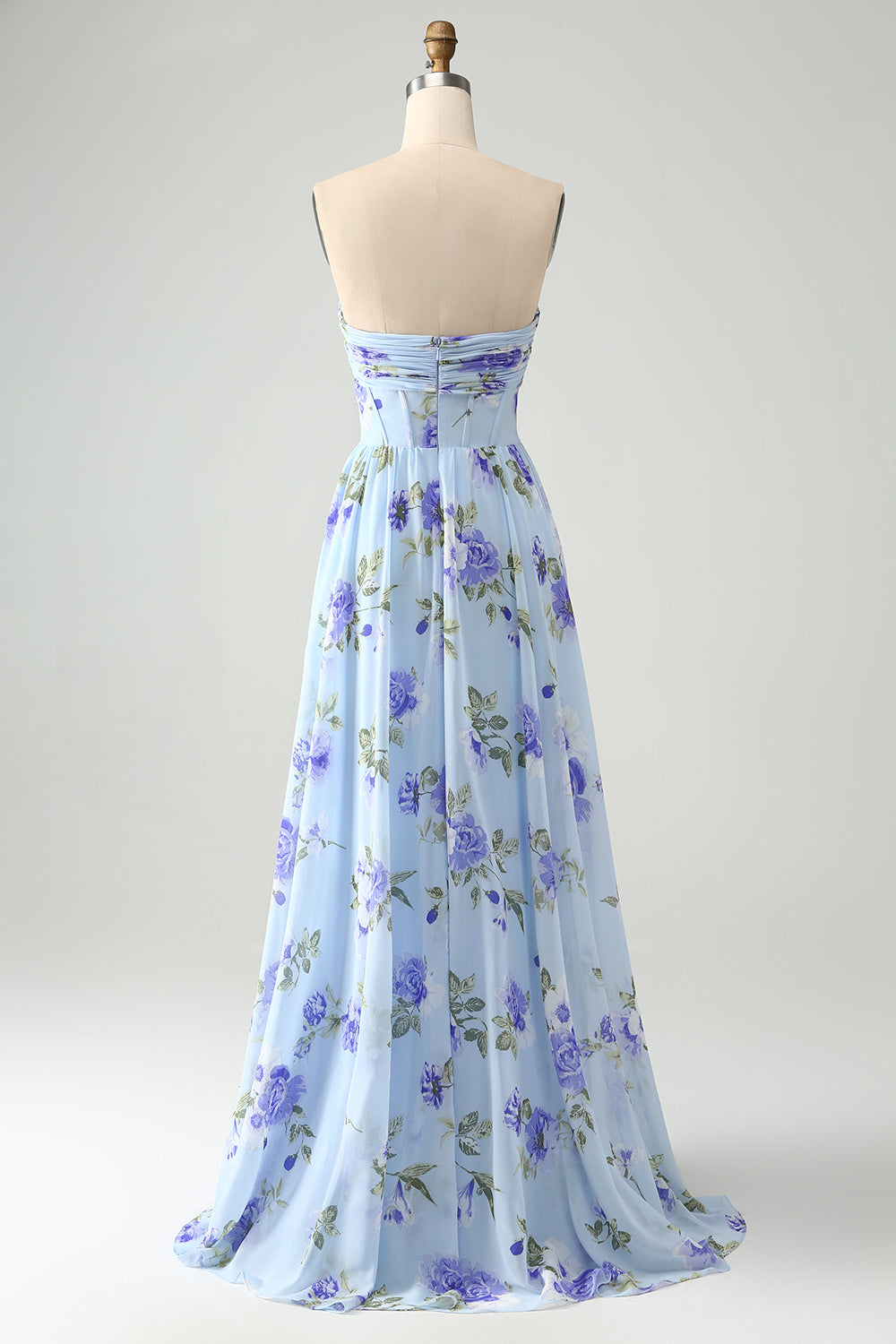 Blaues Blumen A-Linie Herzausschnitt Trägerlos Druck Plissee Langes Hochzeitsgastkleid