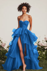 A Linie Herzausschnitt Marineblaues Ballkleid mit Rüschen und Schlitz