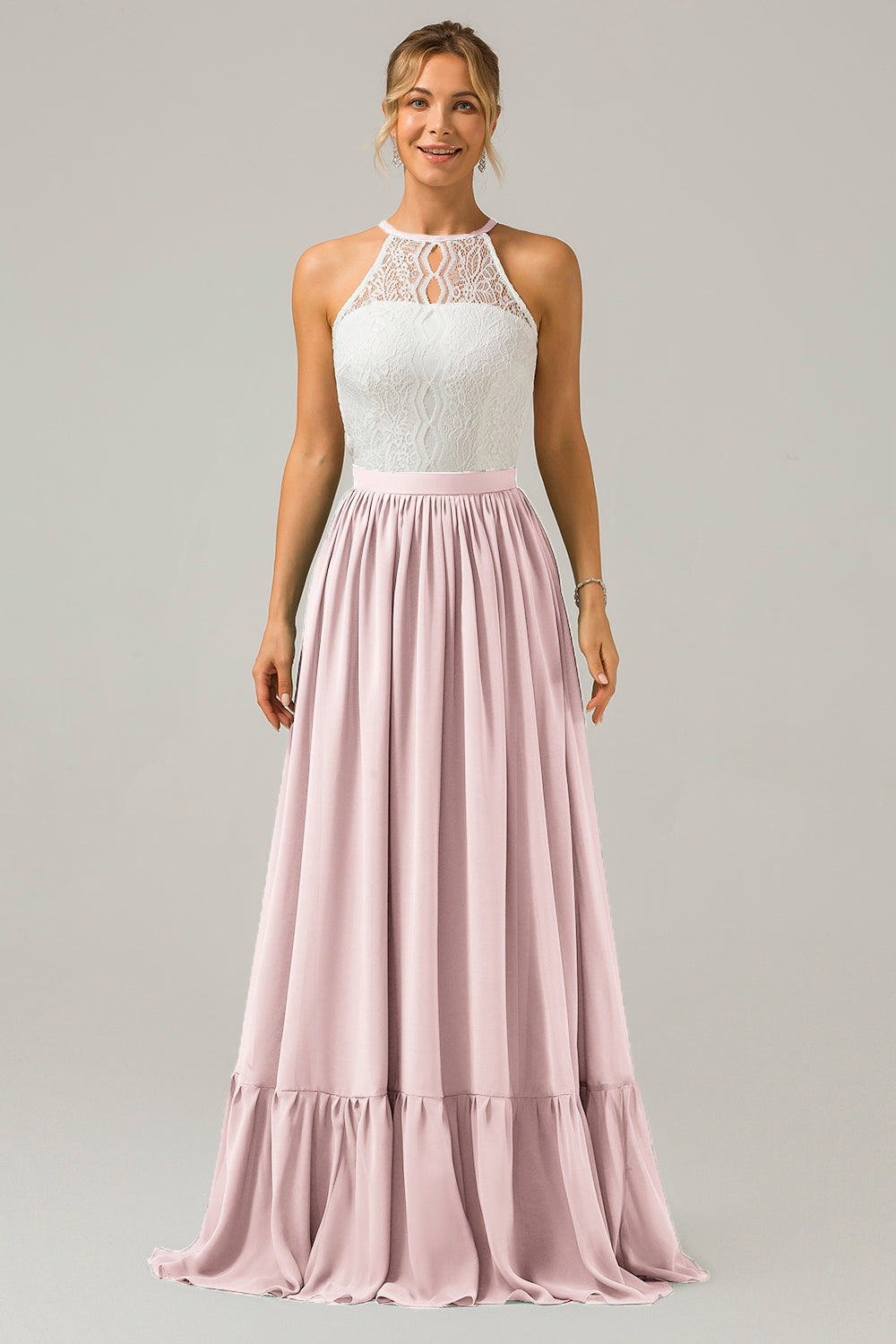 Blush Rosa Schlüsselloch Boho Chiffon Langes Brautjungfernkleid mit Spitze