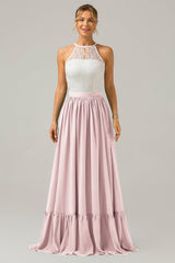 Blush Rosa Schlüsselloch Boho Chiffon Langes Brautjungfernkleid mit Spitze