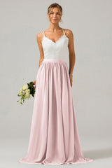 Zapaka Damen Blush Rosa Boho Langes Chiffon Spitze Brautjungfernkleid mit Spaghettiträger Hochzeitsfeier Kleid
