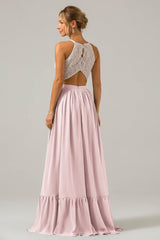 Blush Rosa Schlüsselloch Boho Chiffon Langes Brautjungfernkleid mit Spitze