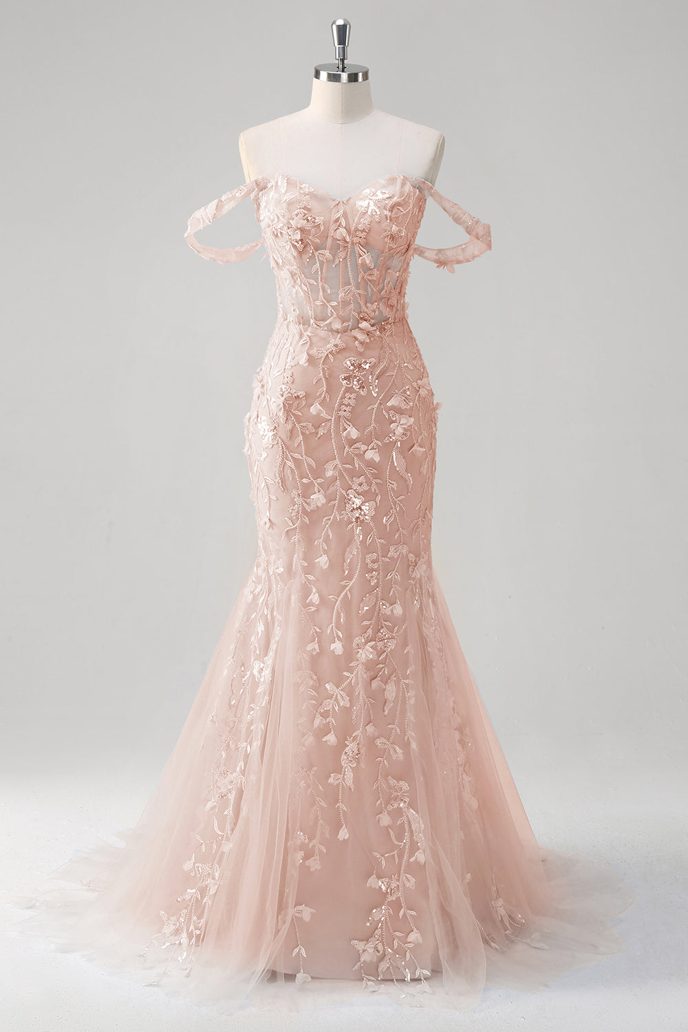 Blaues Meerjungfrau Schulterfreies Pailletten Korsett Ballkleid mit Blumenmuster