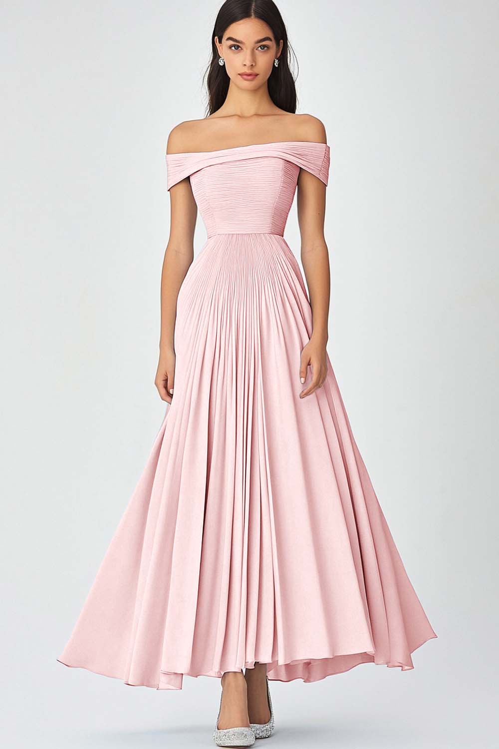 Schulterfreies Himmelblaues A-Linie Gerafftes Chiffon Abendkleid