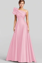 Marineblaues Langes Satin Abendkleid in A-Linie mit Rüschen und einer Schulter
