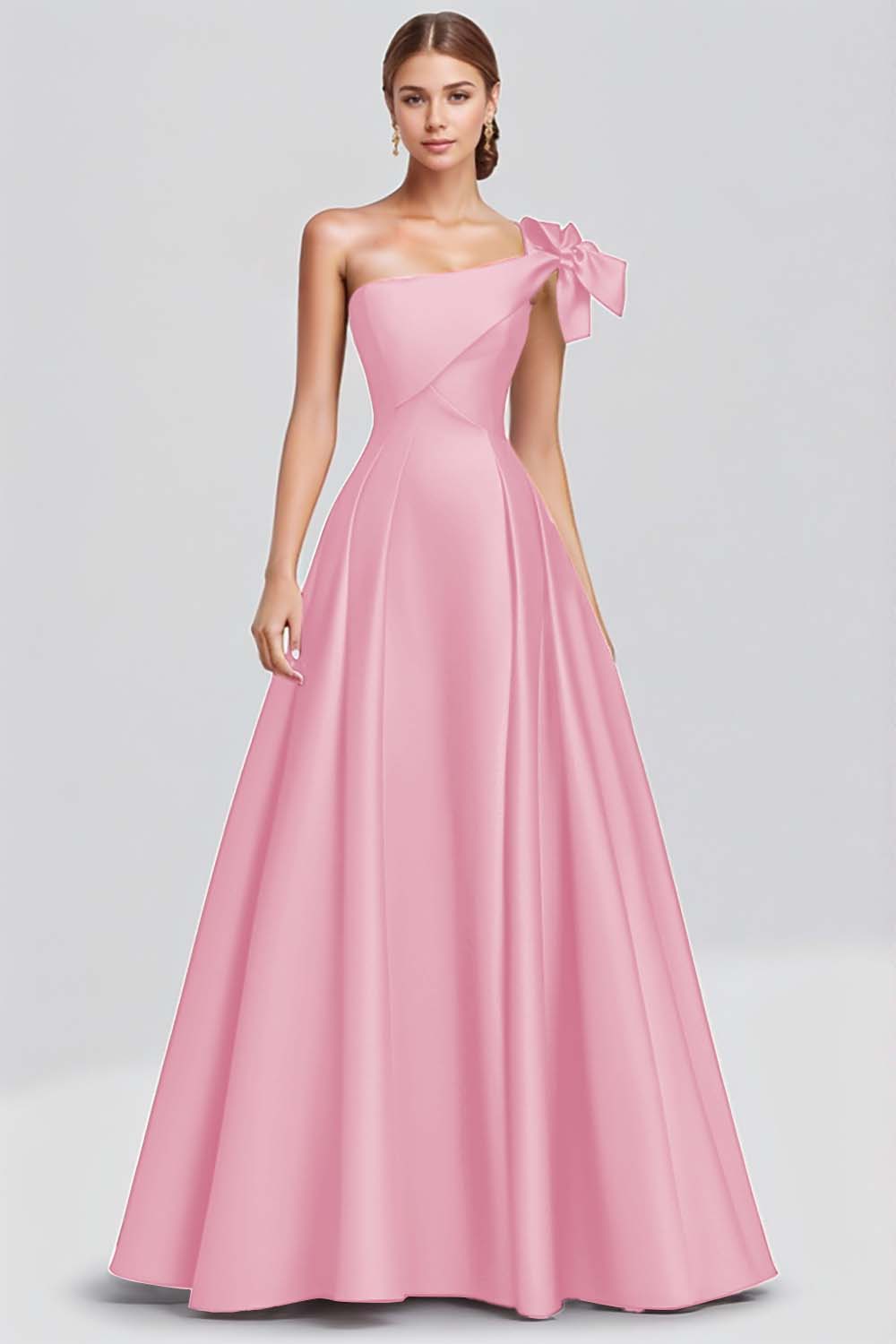 Fuchsia A-Linie Langes Satin Ballkleid mit einer Schulterschleife