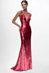 Glitzerndes silbernes Meerjungfrauen V-Ausschnitt Abendkleid mit Pailletten
