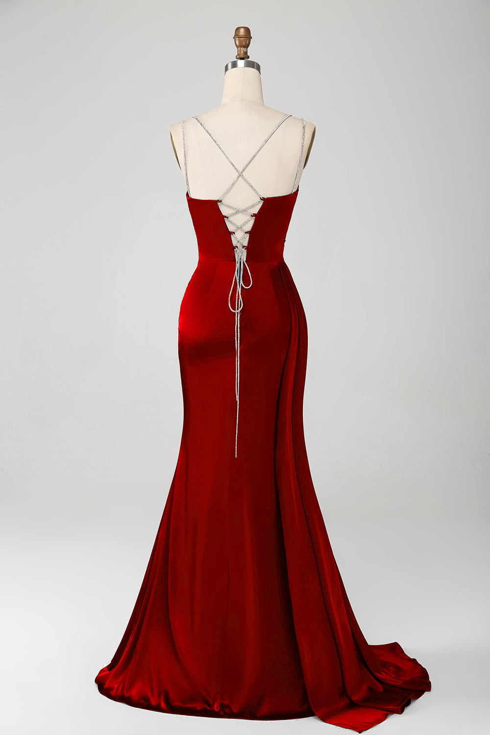 Marineblaues Meerjungfrauen Spaghettiträger Plissee Korsett Langes Ballkleid mit Schlitz