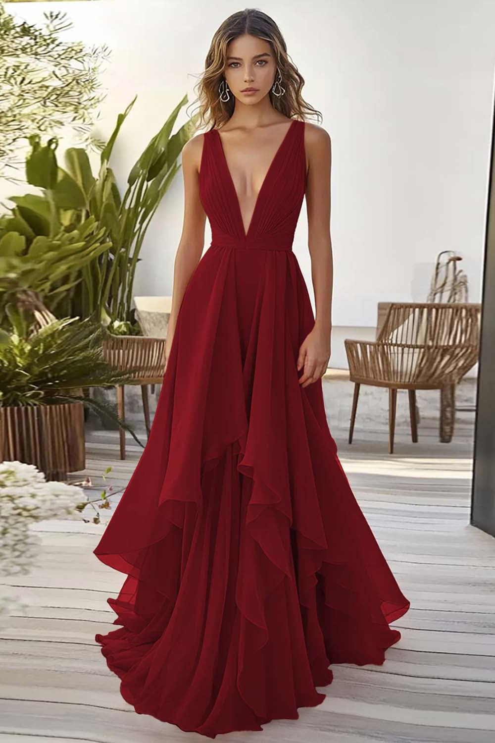 Orange Chiffon Hochzeitsgastkleid mit Rüschen in A-Linie