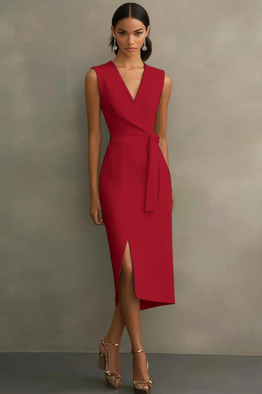 Weißes V-Ausschnitt Satin Standesamtkleid mit Gürtel