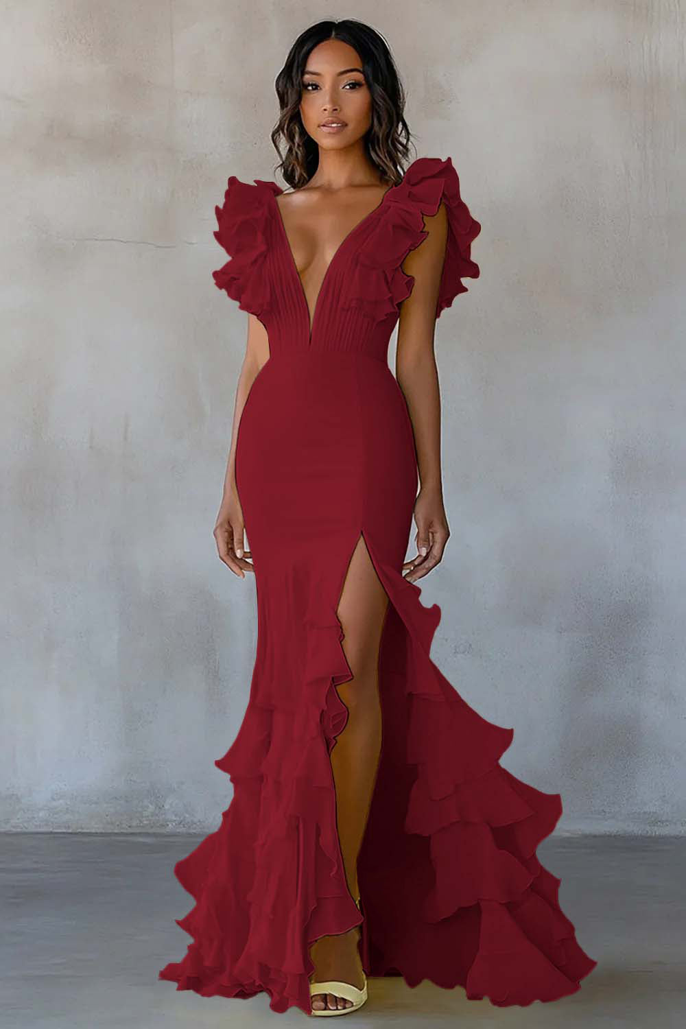 Gelbes Meerjungfrauen V-Ausschnitt Rüschen Abendkleid mit Schlitz