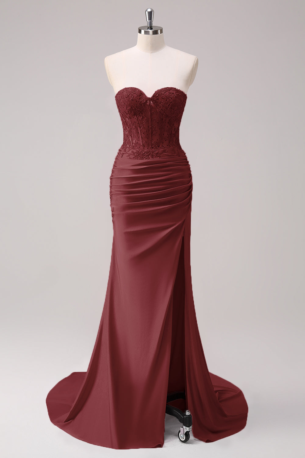 Fuchsia Meerjungfrau Trägerloses Gerafftes Korsett Langes Abendkleid mit Schlitz
