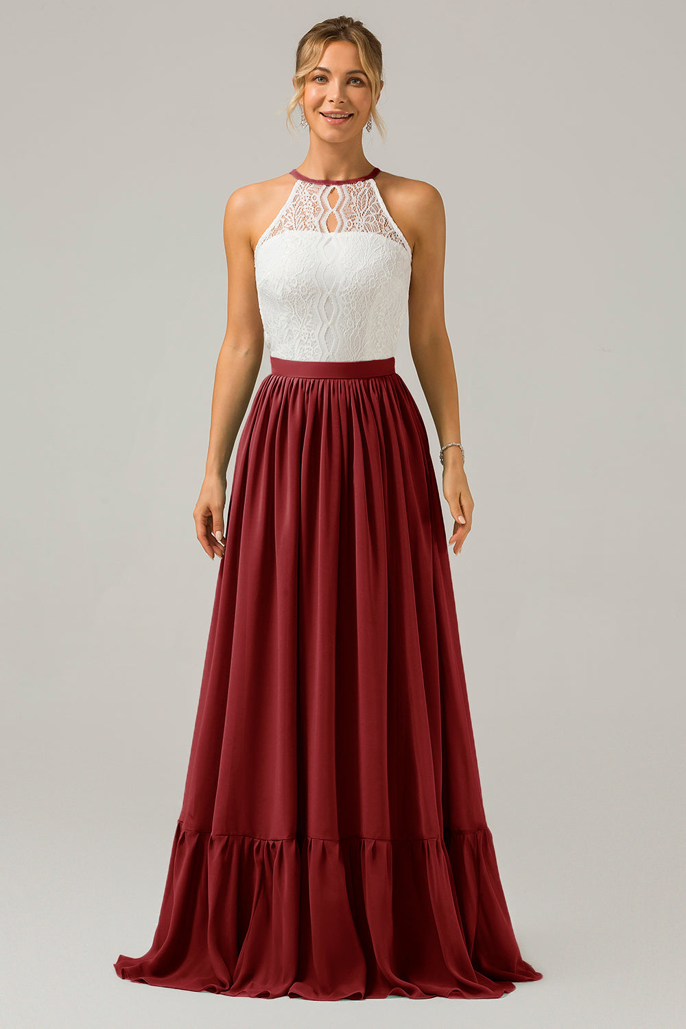 Eukalyptus Schlüsselloch Boho Chiffon Langes Brautjungfernkleid mit Spitze