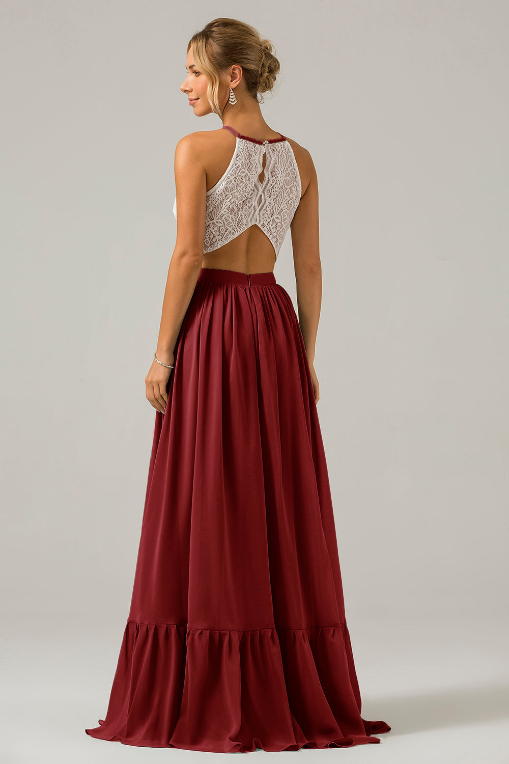Eukalyptus Schlüsselloch Boho Chiffon Langes Brautjungfernkleid mit Spitze