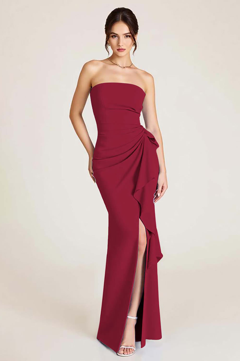 Himmelblaues Meerjungfrauen Hochzeitsgastkleid mit Rüschen und Schlitz