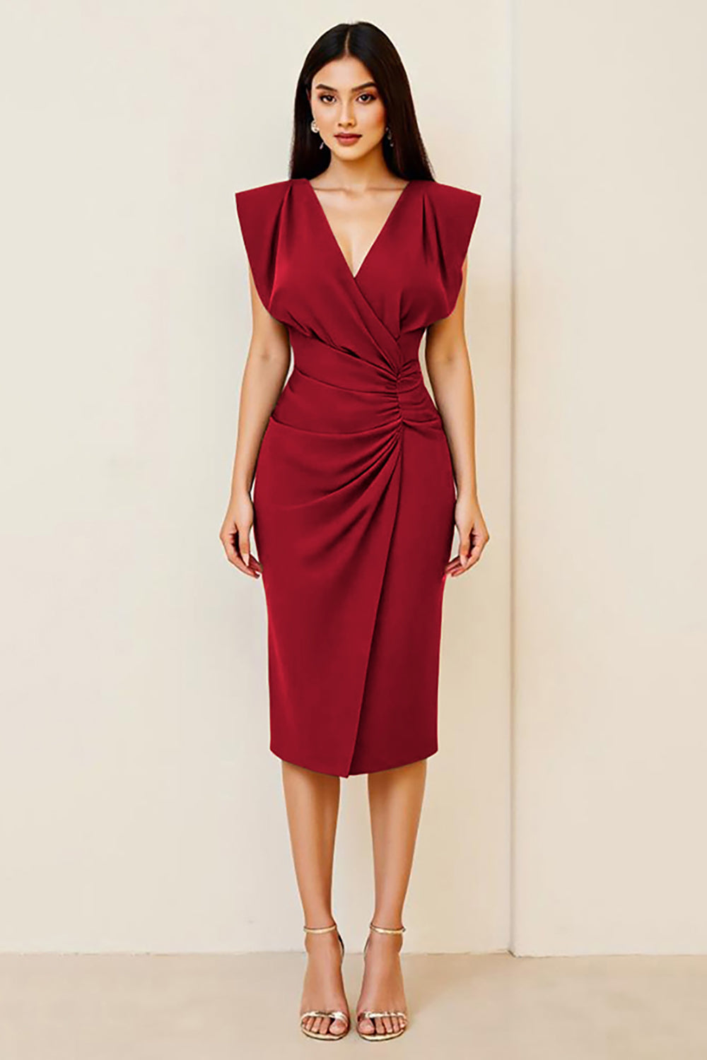 Olive Figurbetontes Midi Partykleid mit Rüschen und V-Ausschnitt