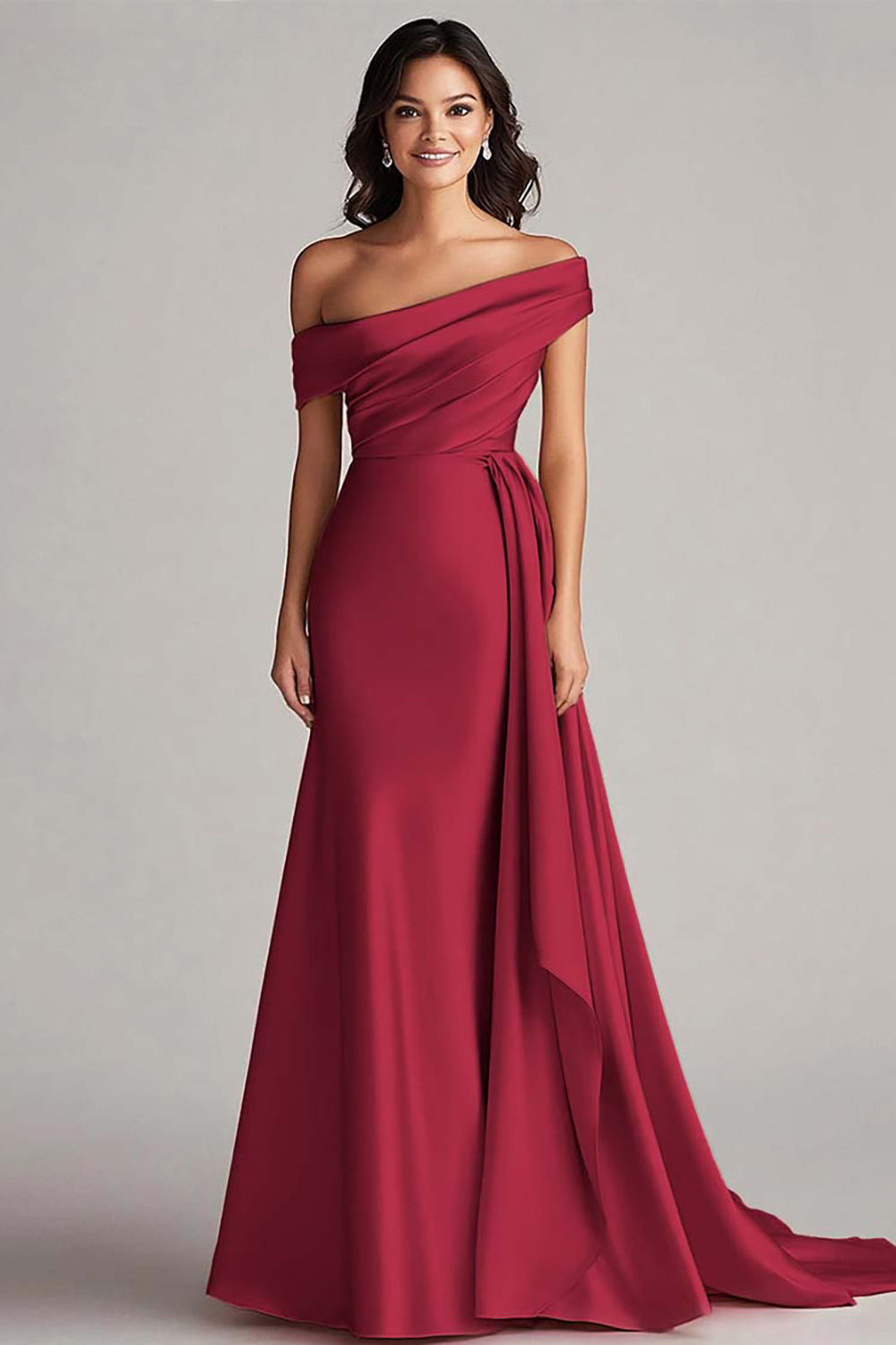 Langes Champagner Abendkleid mit einer Schulter und Falten