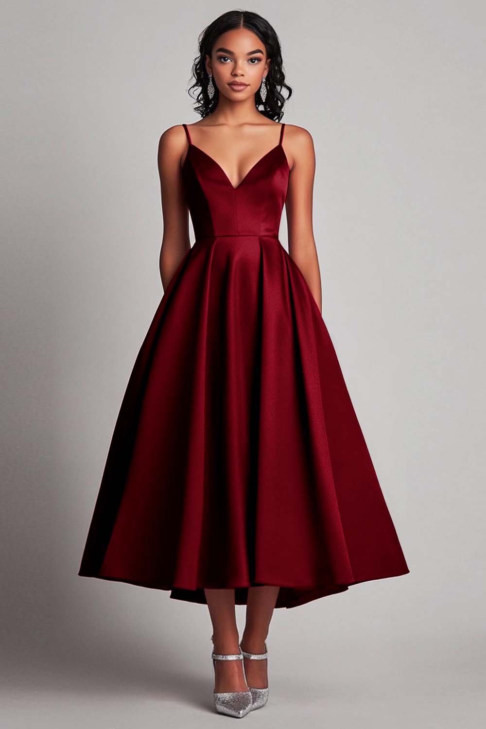 Rotes Teelänge A-Linie Satin Partykleid