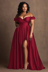 Große Größen Marineblaues Schulterfreies Satin Ballkleid mit Schlitz