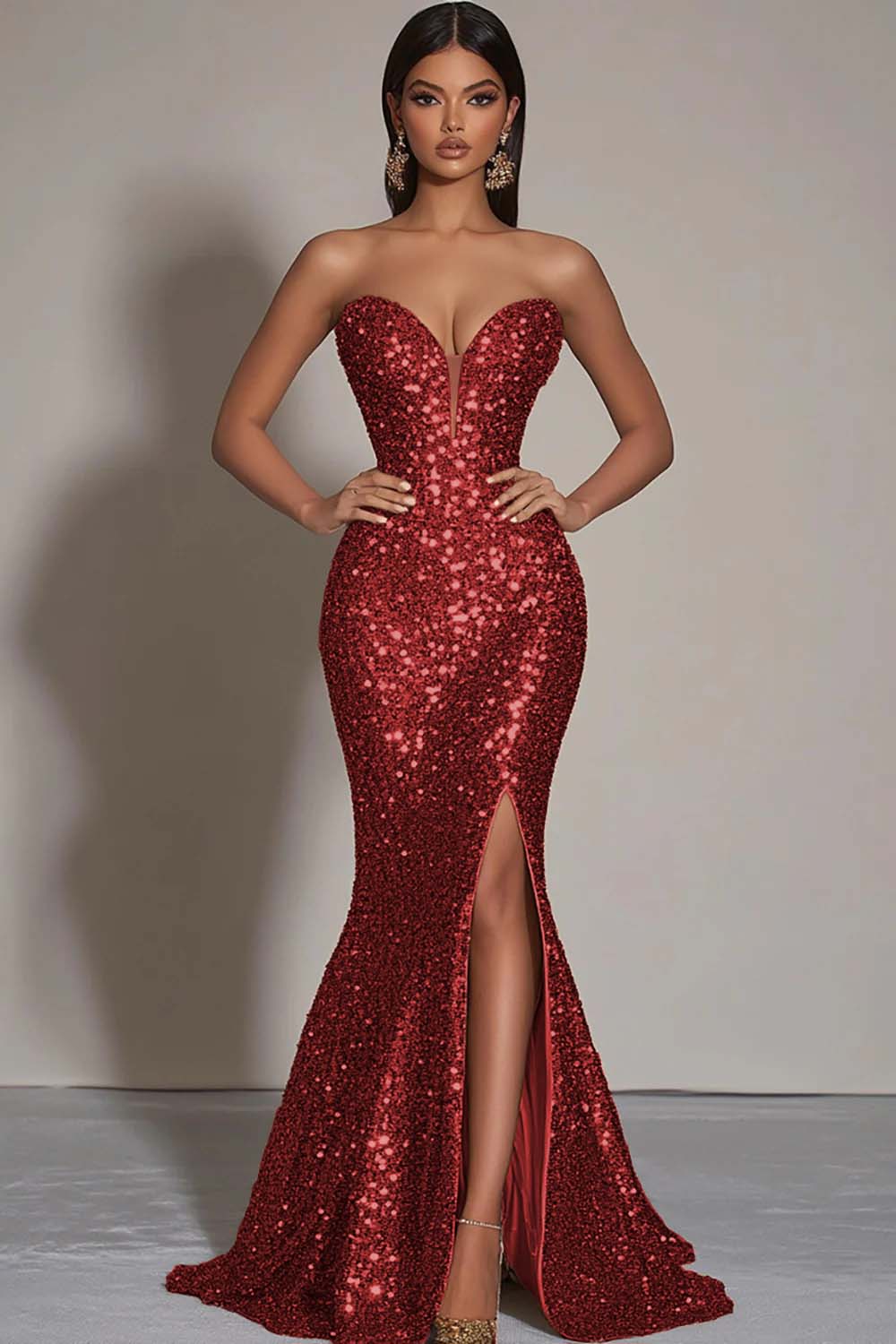 Goldenen Glitzerndes Trägerloses Meerjungfrauen Ballkleid mit Pailletten und Schlitz