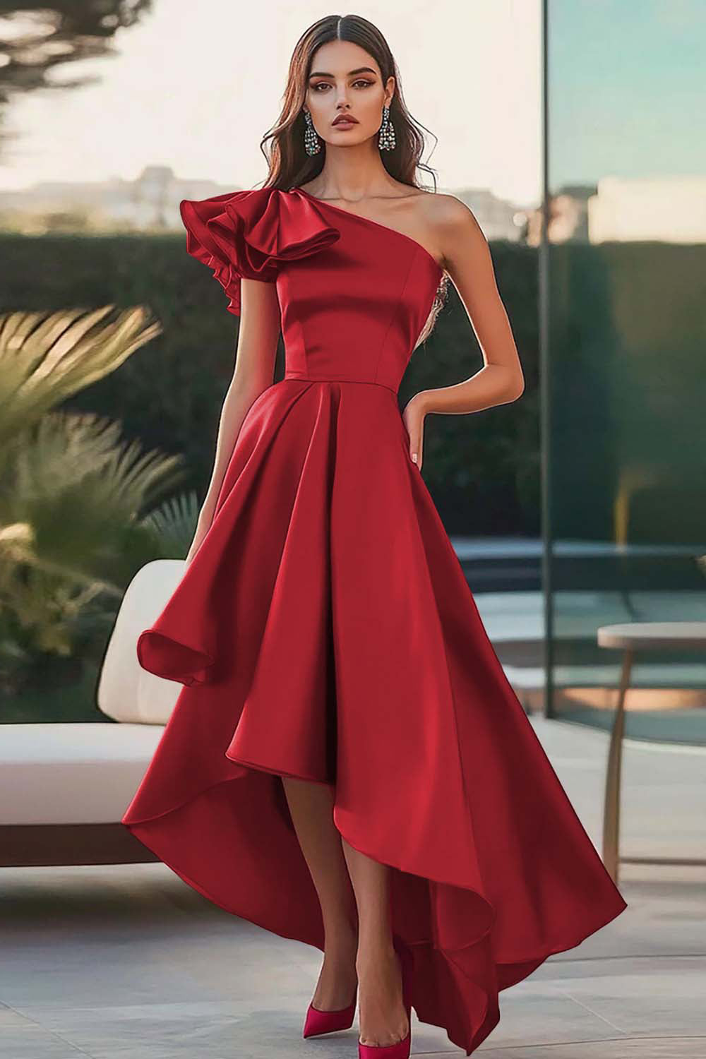 Fuchsia Eine Schulter High-Low Satin Ballkleid in A-Linie