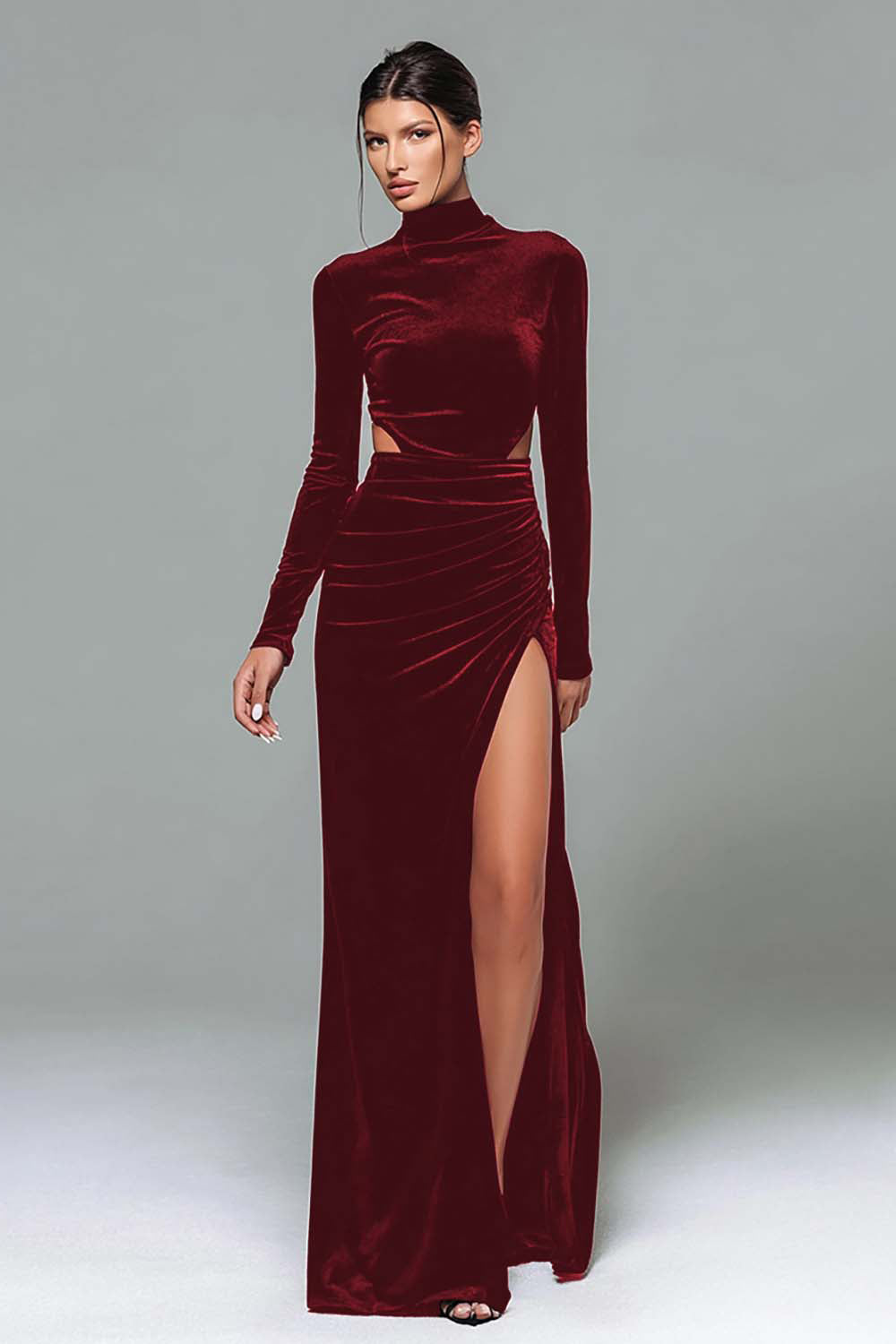 Schwarzes Samt Stehkragen Langarm Urlaub Party Kleid mit Schlitz