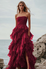 Fuchsia Trägerloses Langes Ballkleid mit Rüschen und Schlitz