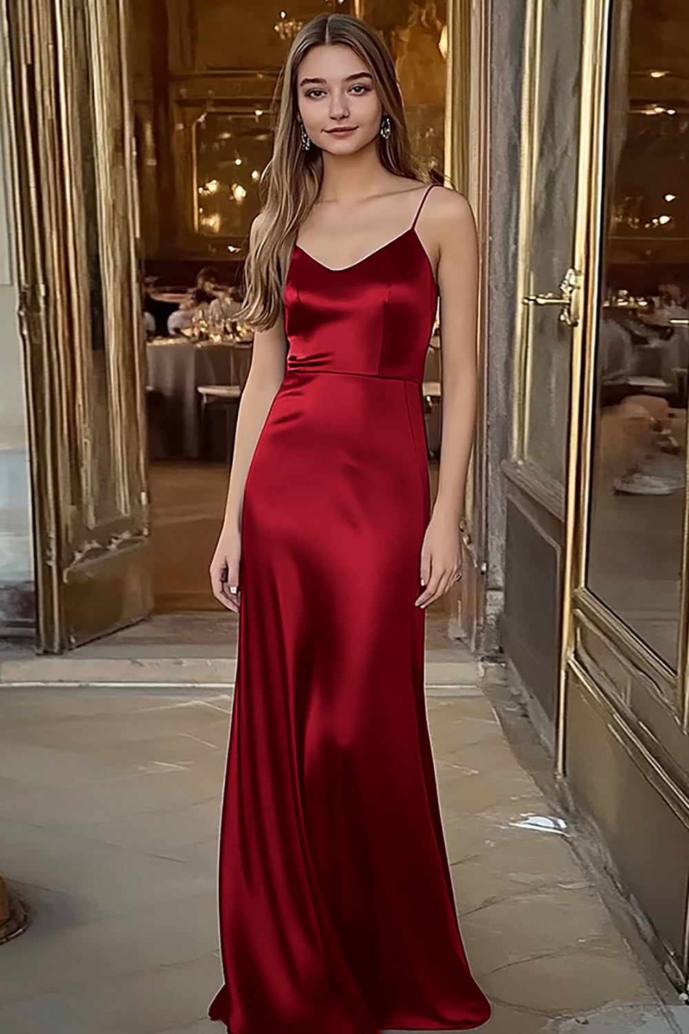 Spaghettiträger Kaffee Satin Langes Ballkleid