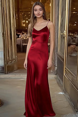 Spaghettiträger Kaffee Satin Langes Ballkleid