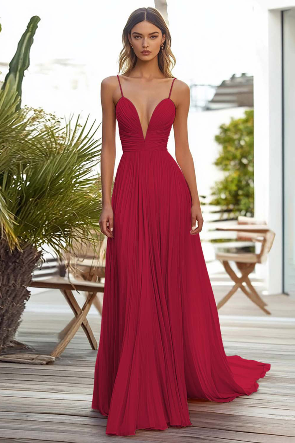 Rosa A-Linie Plissee Langes Hochzeitsgastkleid