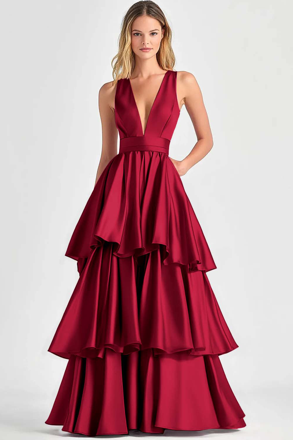 Fuchsia Ballkleid in A-Linie mit V-Ausschnitt und Rüschen