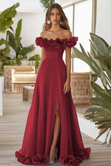 Schulterfreies Blaues A-Linie Ballkleid mit Schlitz