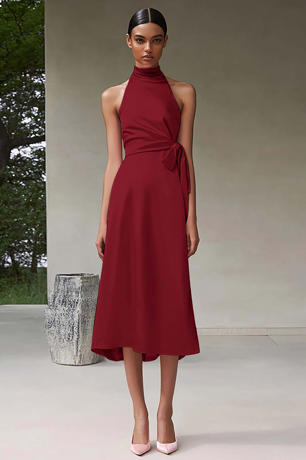 Rosa A-Linie Neckholder Teelänge Satin Partykleid