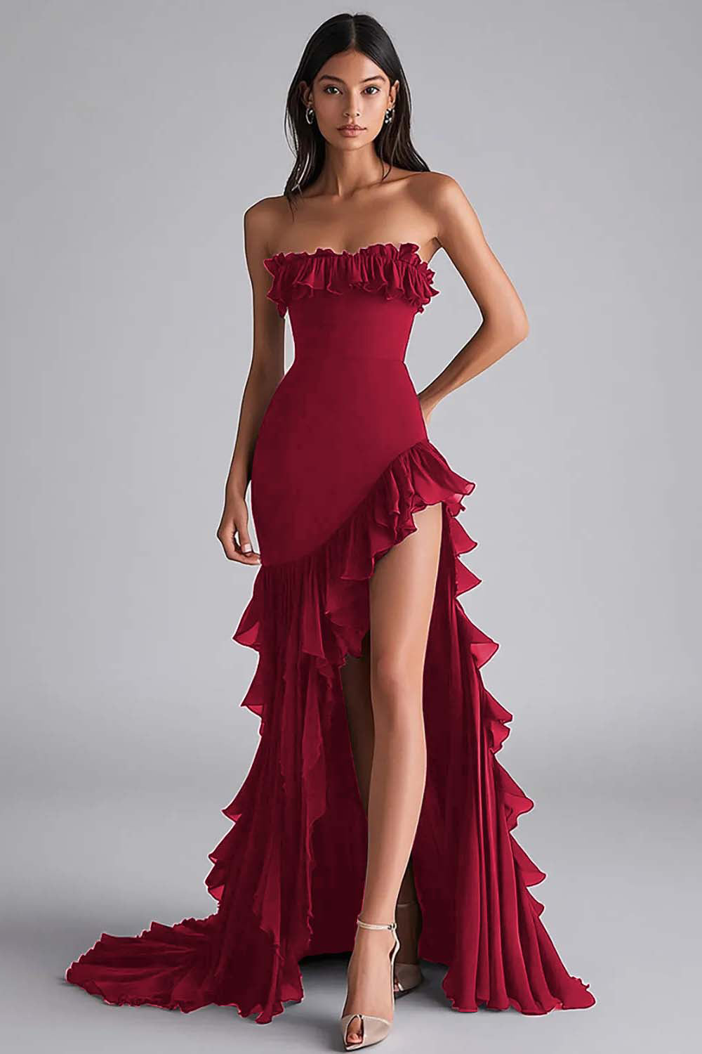 Schwarzes Meerjungfrau Trägerloses Ballkleid mit Rüschen und Schlitz