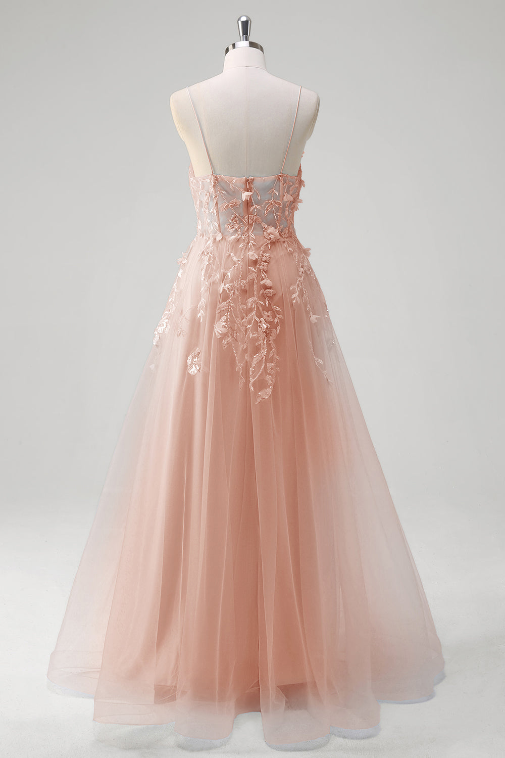 A-Linie Tüll Spaghettiträger Korsett Applikation Blaues Ballkleid mit Schlitz