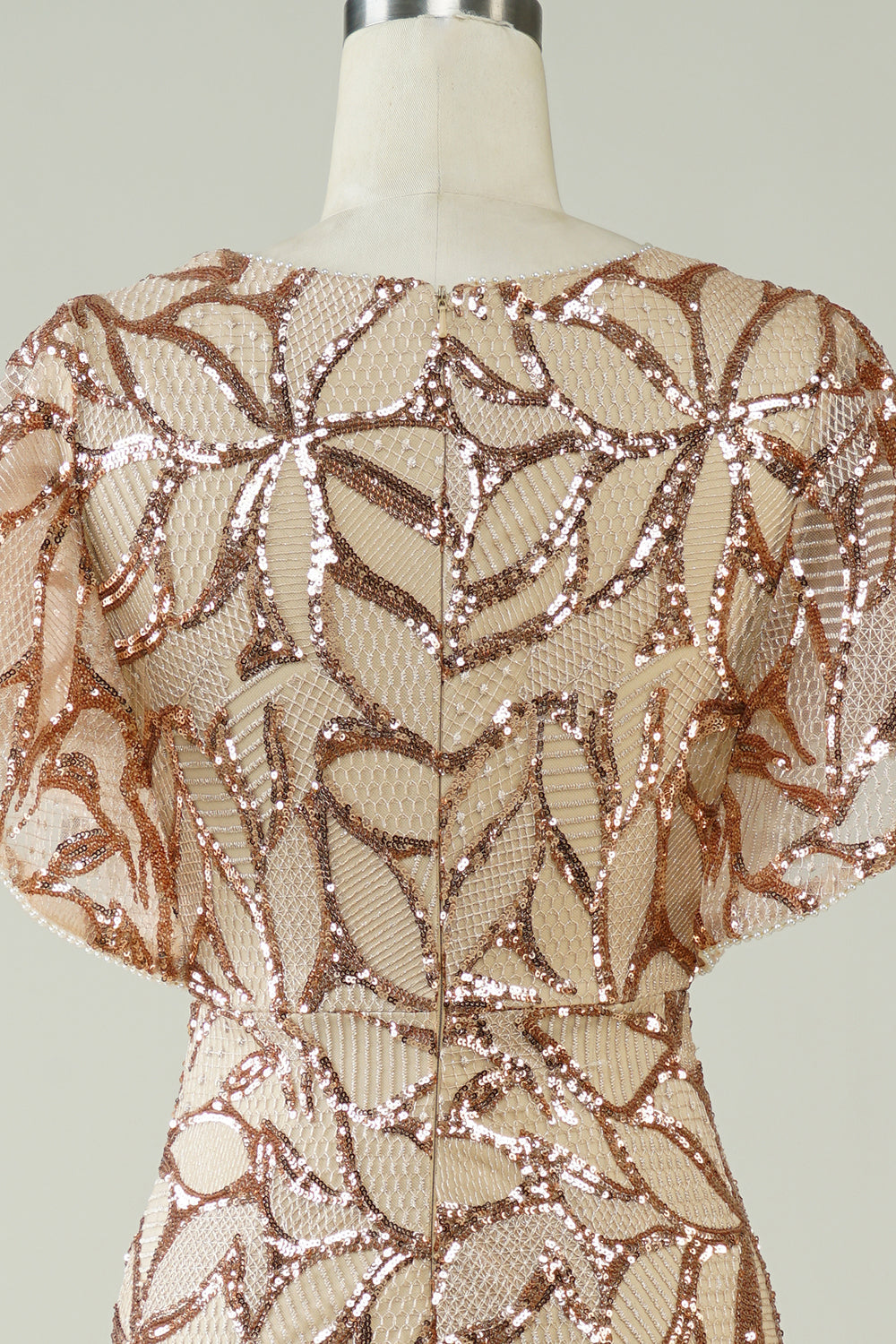 Champagner Pailletten Langes Ballkleid mit geschlitztem Rücken