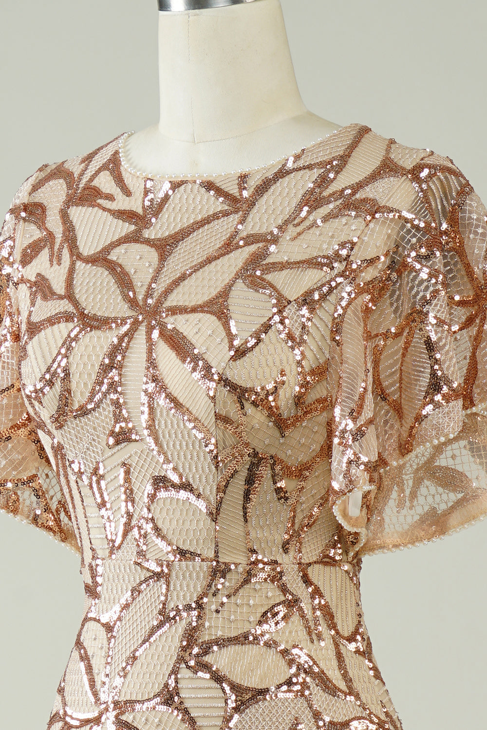 Champagner Pailletten Langes Ballkleid mit geschlitztem Rücken