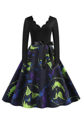 V Ausschnitt Schwarz Halloween Drucken Vintage Kleid