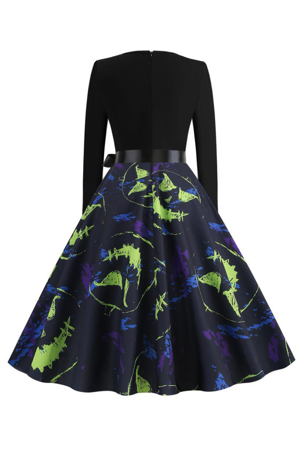 V Ausschnitt Schwarz Halloween Drucken Vintage Kleid
