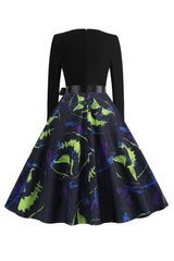 V Ausschnitt Schwarz Halloween Drucken Vintage Kleid