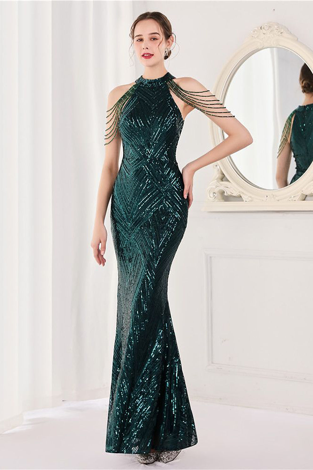 Meerjungfrau Neckholder Dunkelgrüne Pailletten langes Ballkleid