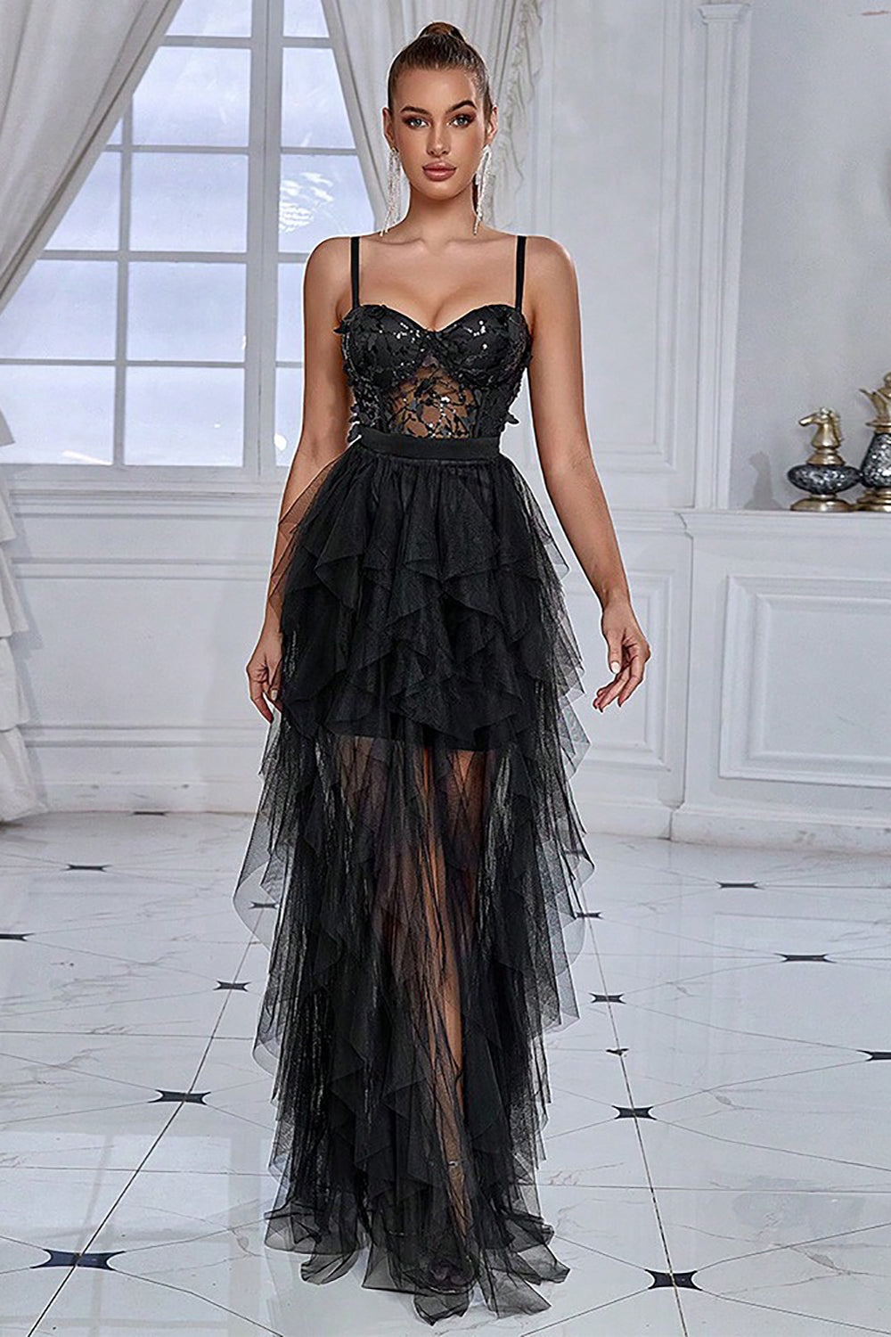 Schwarzes Glitzer korsett Spaghettiträger Langes Partykleid mit Rüschen