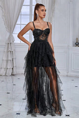 Schwarzes Glitzer korsett Spaghettiträger Langes Partykleid mit Rüschen