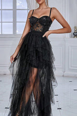 Schwarzes Glitzer korsett Spaghettiträger Langes Partykleid mit Rüschen